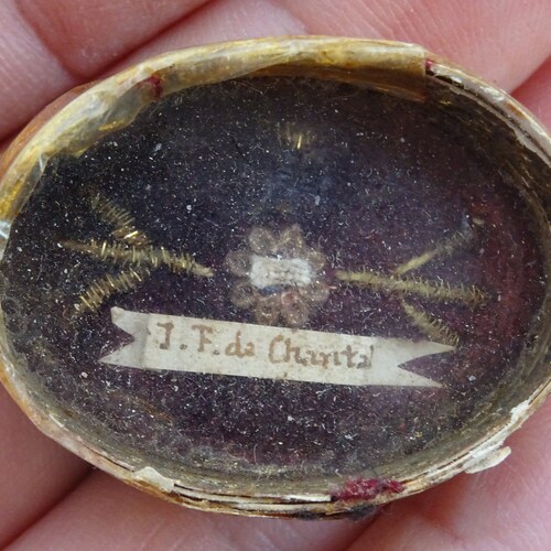 Religious antique French medal shrine pendant of carton with relic reliquary shops of Saint Jane Frances de Chantal. ( E 11 )