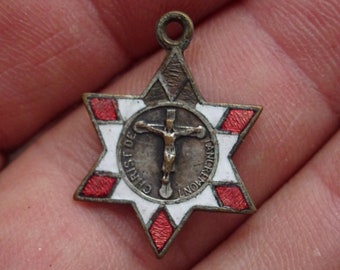 Religious antique French silvered enameled catholic medal pendant charm Holy charm medallion of the Holy Cross. ( 6 A )