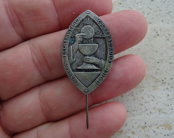 Religious antique catholic silvered French pin with chalice grail of Holy Virgin Mary Our Lady of Bonne Esperance. ( 7 )