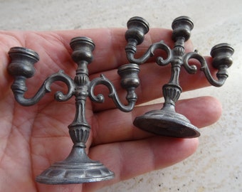 Antique French Pair of two tinnen ( MARKED PELTRO ) 3 armed candle holders candlesticks for doll house. 28