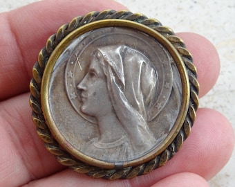 Religious antique silver gold plated catholic  French catholic brooch of Holy Virgin Mary Our Lady souvenir of Lourdes. ( J 33)