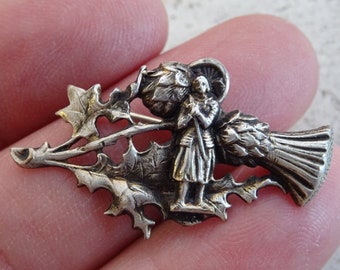 Religious antique French silver plated catholic brooch of Joan of Arc  Jeanne d'Arc with brooch.  ( A 12 )