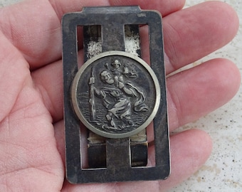 Ancienne plaque religieuse catholique française en métal argenté avec pendentif médaille, plaque commémorative de saint Christophe.