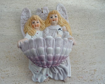 Religious antique catholic French Holy water font stoup of porcelain with guardian Angels Cherubs. ( B 15 )