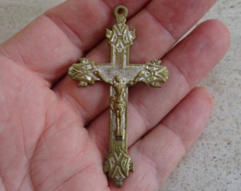 Religious antique brass French catholic crucifix pendant cross pectoral cross with Holy Christ of Lourdes 1858.  ( 8 DD )