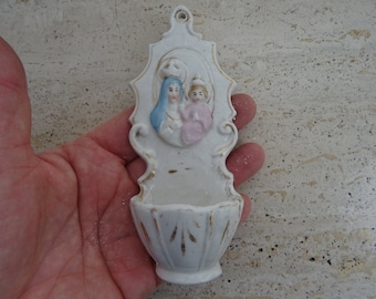 Religious antique catholic French porcelainen Holy water font stoup of Holy Virgin Mary Our Lady and Child Jesus. ( A 12 )