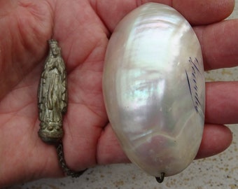 Religious french antique Catholic Ormolu Egg Shaped Shell with chain and statue of Holy Virgin Mary of Lourdes.