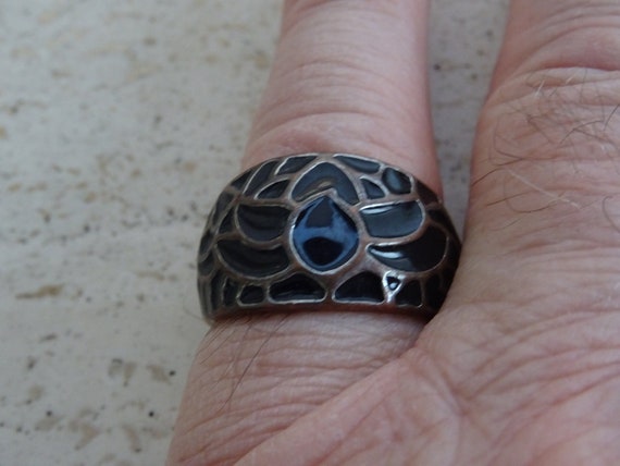 Bague Vintage En émail Noir Et Blanc Sur Cuivre - Taille Ajustable - Occasion