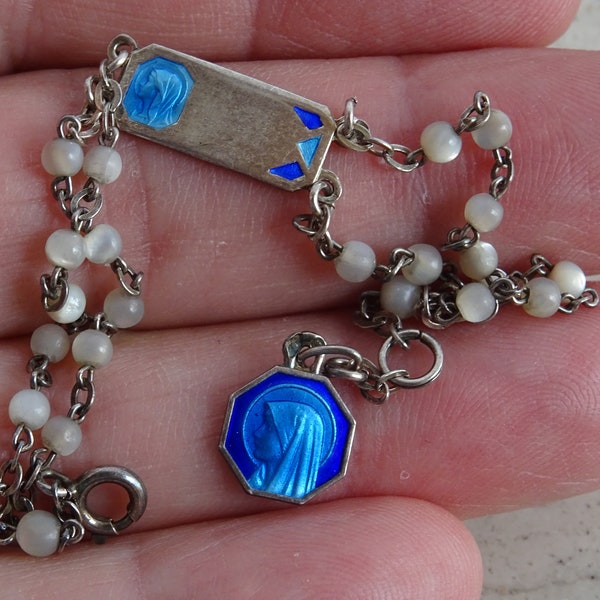 Religious antique catholic French bracelet with beads of mother of pearl and enamel silver ( MARKED ) medal of Holy Virgin Mary.( D 3 )