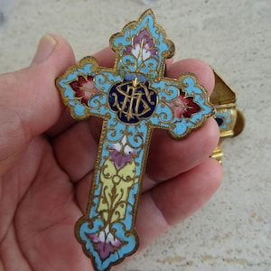 Museal religious antique French copper enameled  Holy water font stoup with mosaic cloisonne cross crucifix and IHS. 27