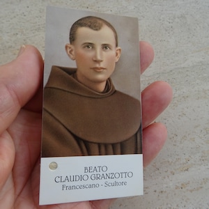 Religiöse katholische Karte Schrein Reliquiar Relikt aus dem Tuch des Seligen Heiligen Claudio Granzotto.  (FF50)