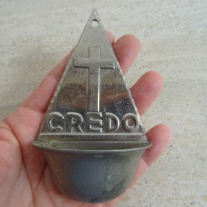 Religious catholic French silver plated Holy water font stoup with cross crucifix and the text credo. ( E 27  )