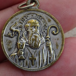 Religious antique French silver  ( MARKED ) catholic medal pendant medallion Holy charm of Saint Benedict. ( C 30 )