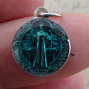 Religious silvered enameled medal pendant medallion Holy charm of Saint Benedict.  ( catholic medal of exorcism against evil ) ( C 16 )