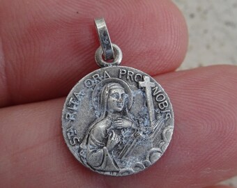 Religious antique French catholic silver plated medal pendant Holy charm medallion of Saint Rita. ( C 8 )