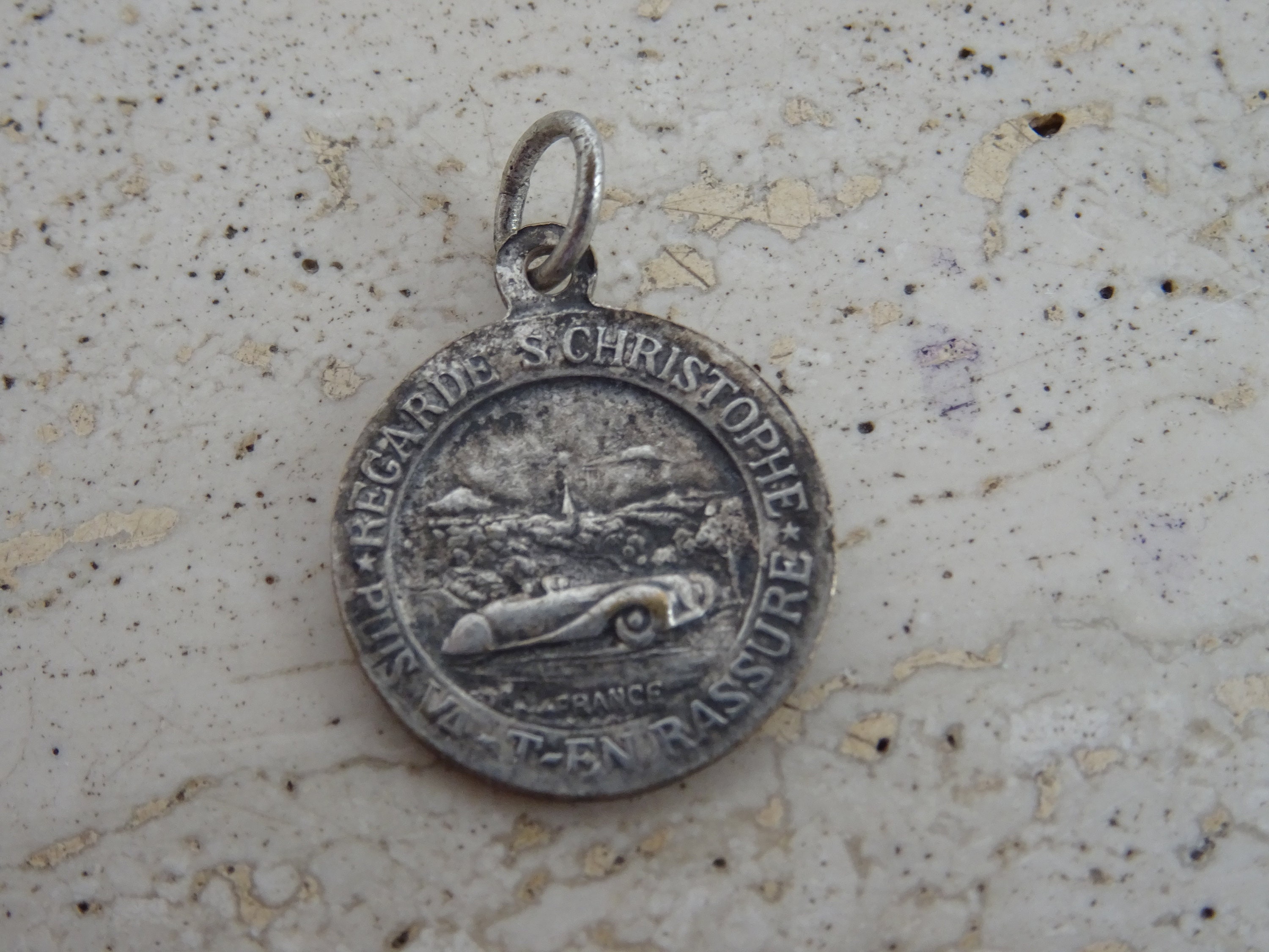 Pendentif Ancien Saint Christophe Métal Argenté – Régional, Gravure Sainte Marie