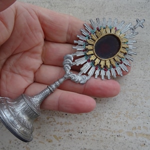 Religious antique French silvered pewter priest table monstrance ostensorium with cross crucifix Holy Christ with inside IHS.  L 2