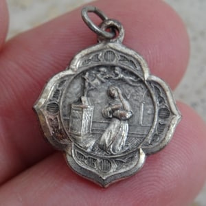 Religious antique French catholic silver plated medal pendant charm medallion Saint Rita and Saint Anthony of Padua. ( C 5 )
