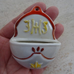 Religious catholic French Holy water font stoup of porcelain with IHS. (  S 36 )