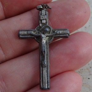 Religious antique silver plated French enameled Catholic crucifix pendant cross  with Holy Jesus Christ souvenir of Roma.  ( L 40 )