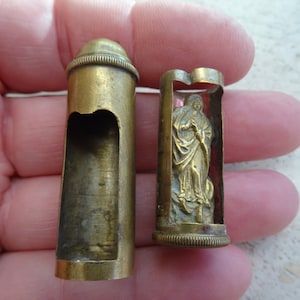 Religious antique French copper catholic pocket shrine altar chapel relic reliquary with statue of Holy Virgin Mary. ( 6 )