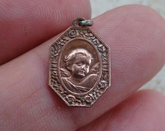 Religious antique French catholic red copper medal pendant medaillon medallion with a Guardian Angel Cherub Saint Raphael. ( K 14 )