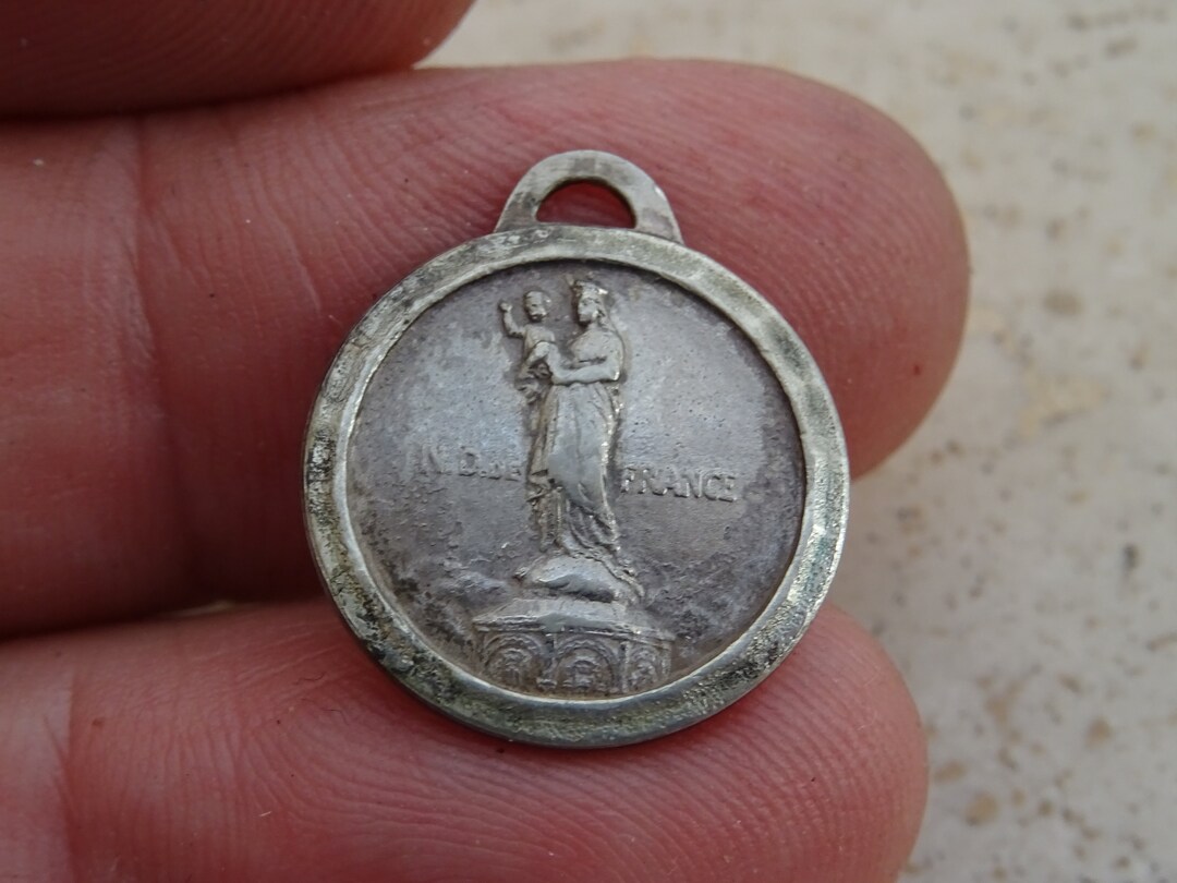 Religious Antique French Silvered Medal Pendant Charm Medallion of Holy ...