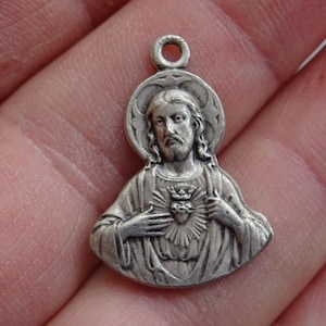 Religious antique silvered catholic medal pendant medallion charm Holy Jesus Christ and the Sacre Coeur of Montmartre in Paris. E 16
