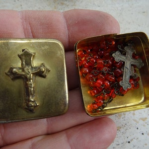 Religious antique French copper catholic rosary holder case pyx box Miniature box container with cross and rosary.  ( B 25 )