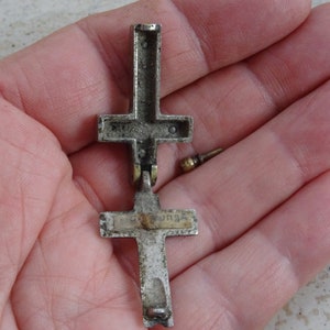 Rare religious antique silver plated  shrine pendant to open cross crucifix Holy Jesus Christ with relic souvenir of Roma.  (  8  )