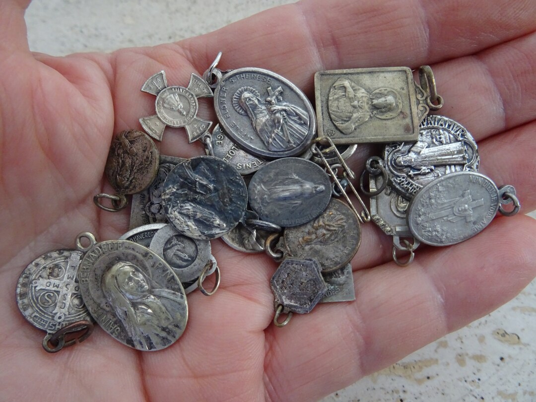 24 Religious Antique French Catholic Silver Plated Medals Pendants