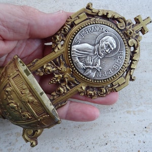 Religious antique French catholic silver gold plated Holy water font stoup of Saint Francis Regis. ( A 14 )