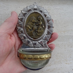 Religious antique French silver plated stoup Holy water font of Saint Anthony souvenir of Padua. (  ST 9 )