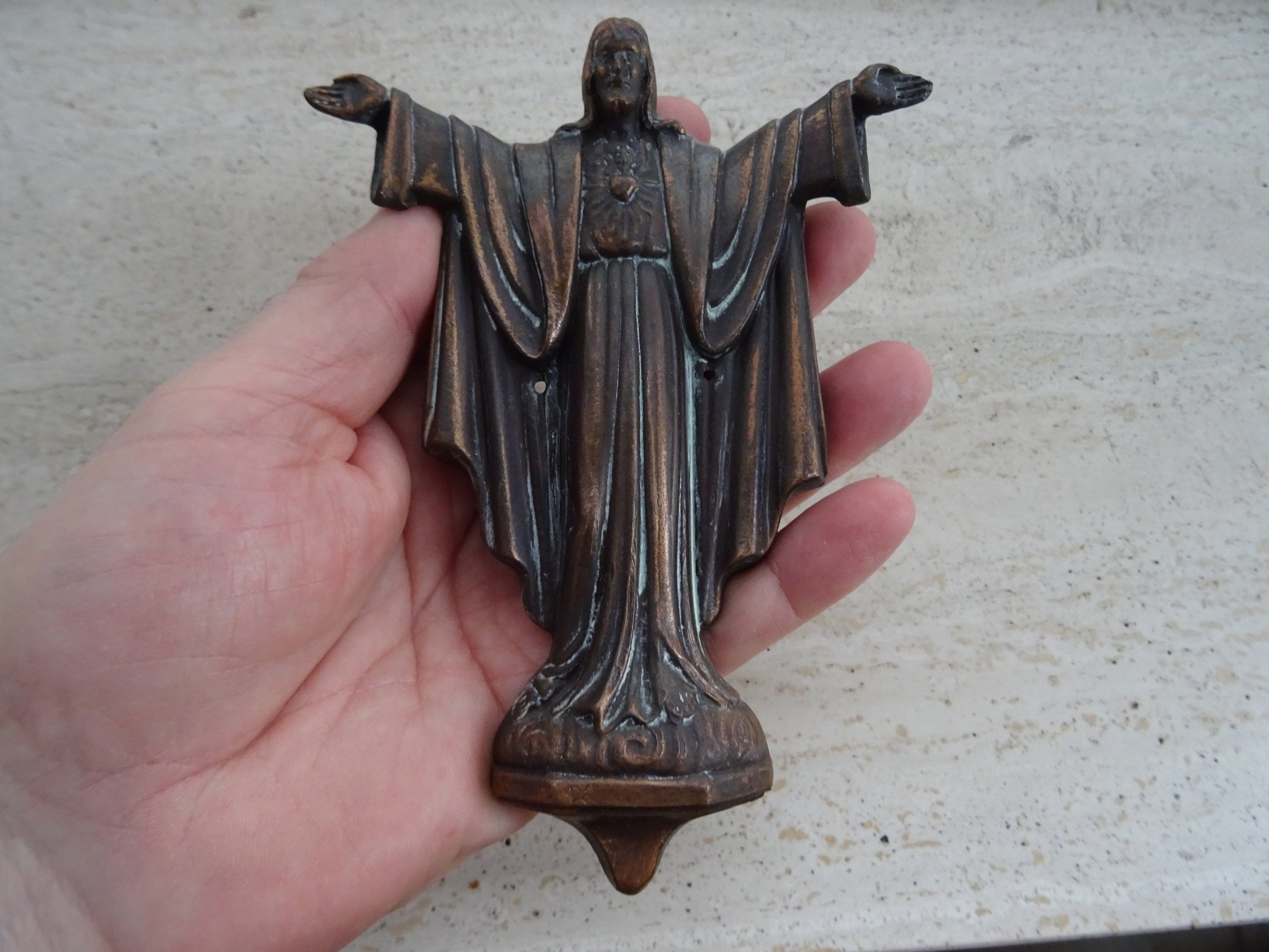 Religious antique French catholic bronze medal pendant plaque memorial tablet of Holy Jesus Christ with sacred burning heart. M 20