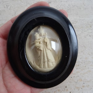 Religiöser antiker französischer Meerschaum Pfeifenton Schrein Napoleon III Heilige Jungfrau Maria und Heiliges Kind Jesus Christus. ( 34 )