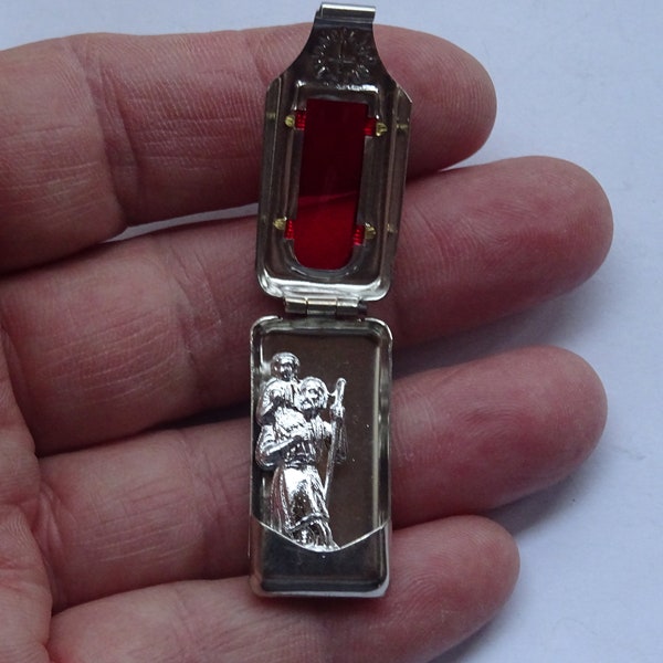 Religious antique French catholic silvered pocket shrine relic reliquary with statue of Saint Christopher. ( 19 )