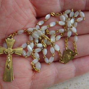 Religious French catholic vermeil rosary with beads mother of pearl and cross crucifix Holy Jesus Christ Our Lord. ( V 22  )
