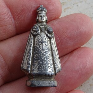 Religious antique small French catholic ledden religious minitiature statue of Holy Virgin Mary The Infant Jesus of Prague. ( 10 )