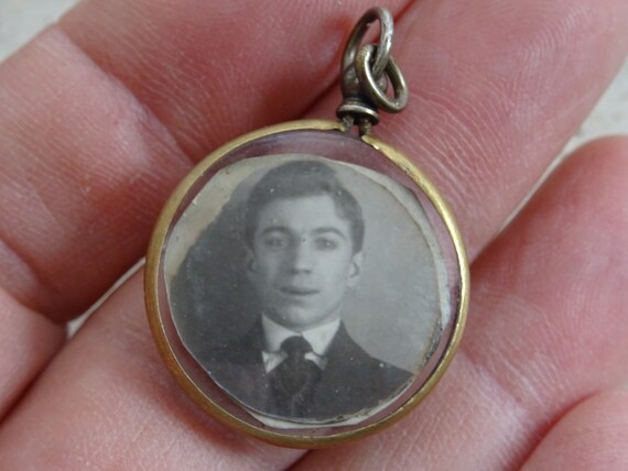 Antique French copper photo holder locket medal m… - image 3