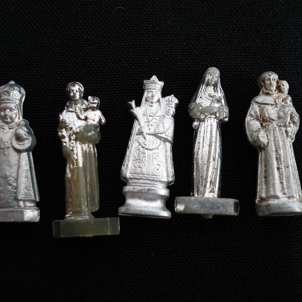 Religious antique French aluminium catholic small statues miniatures figures of different Saints. ( 4 )