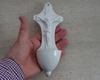 Religious antique catholic French Holy water font Stoup of porcelain with cross crucifix Holy Christ Our Lord. ( 1 Q )