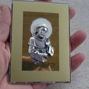 Religious antique French catholic painting statue of Saint Francis on a mirror. ( 5 )