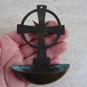 Religious antique French copper Holy water font stoup with cross crucifix Holy Jesus Christ.  V 28