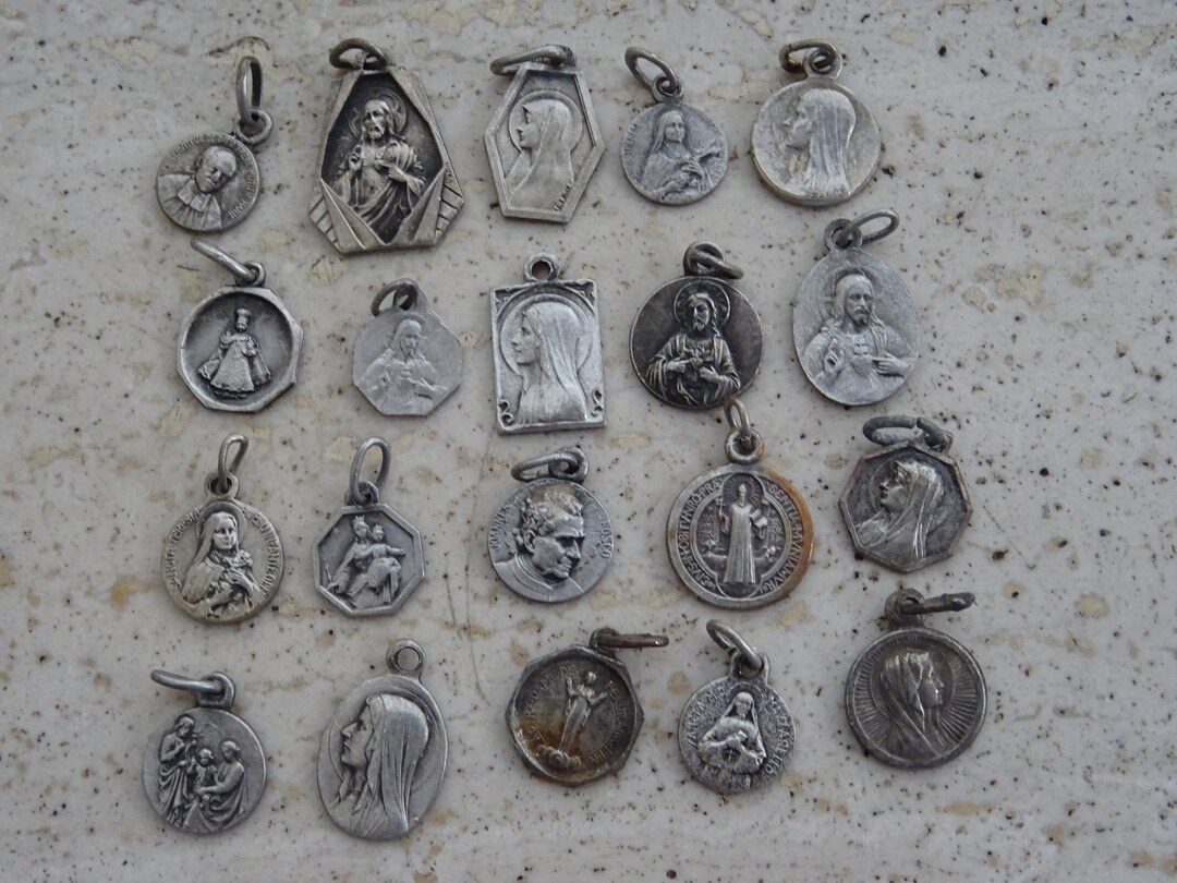 20 Religious Antique French Silver Plated Catholic Medals Charms