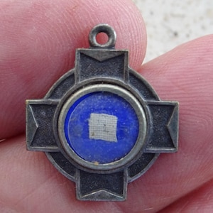 Religious antique French silvered catholic shrine medal Holy charm medallion with relic reliquary of cloth touched at Saint Bernadette. W23