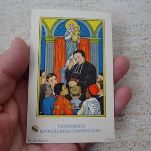 Religieus antiek Frans katholieke kaartschrijn met relikwie van de heilige Marcellini, Joseph Benedict Champagnat. ( TT22 )