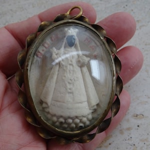 Religious antique French copper reliquary shrine relic Meerschaum of Holy Virgin Mary Black Madonna of Notre Dame of Hal. ( 40 )
