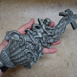 Religious antique catholic French Holy water font stoup with cross crucifix Holy Jesus Christ and cherubs angels puttis.  R 27