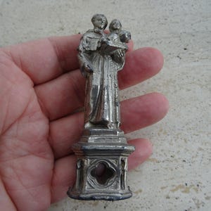 Religious antique French silver plated ledden catholic pocket shrine statue miniature figure of Saint Anthony of Padua with child. ( V 14 )