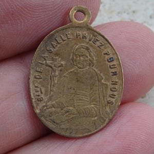 Religious antique copper French medal pendant charm medallion of Saint John Baptist de la Salle and Holy Virgin Mary. ( Q 36 a )